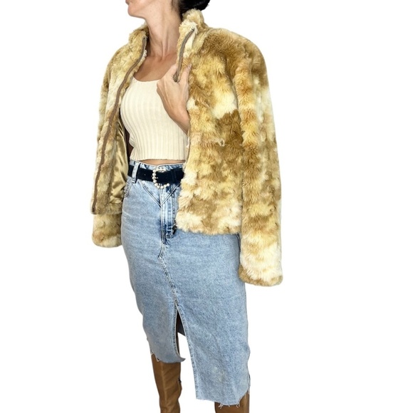 Vintage 90s Y2K tan beige brown faux fur full zip short boxy jacket M - Picture 3 of 14
